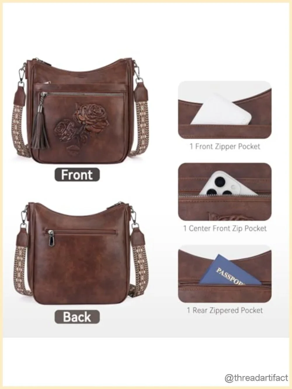 Crossbody Bag Women Hobo Purse Vegan Leather Embossed Floral Lightweight